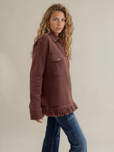 Chemise OLYMPE chocolat en maille cachemire, soie et mérinos, vue de côté.
