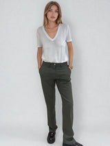 Pantalon de ville droit kaki, allure masculin féminin.  Poches italiennes et 2 fausses poches passepoilées dans le dos. Passants sur la ceinture. Composition: 78% polyester, 18% rayon, 4% élasthanne. Vue face.