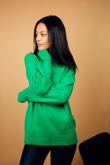 Pull manches longues col roulé JANE coloris vert gazon en cachemire et soie, très doux. Le col est haut et souple, ne serre pas. Coupe droite, emmanchures raglan, finitions côtes.