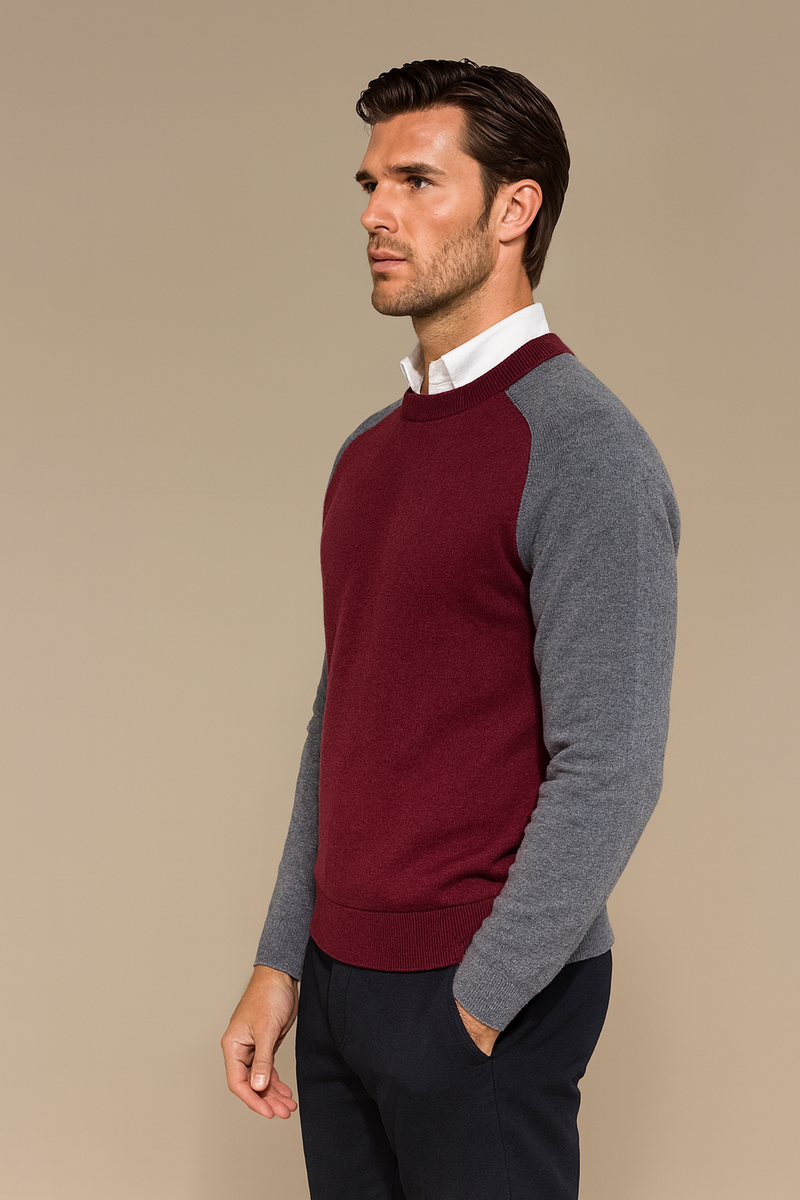 Pull encolure ronde, manches longues pour homme. Le pull est bicolore: gris anthracite sur les manches longues et le dos, le torse et l'encolure sont en bordeaux. Finitions côtes. 42% cachemire, 8% soie et 50% mérinos. Vue profil.