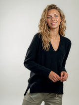 Pull Leon Luxe col V en cachemire et soie, coloris noir, THEN PARIS