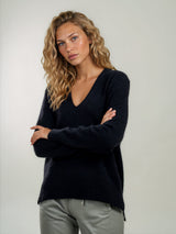 Pull Leon Luxe col V en cachemire et soie, coloris noir, THEN PARIS