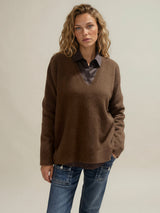 Pull Leon Luxe col V en cachemire et soie, coloris chocolat, THEN PARIS