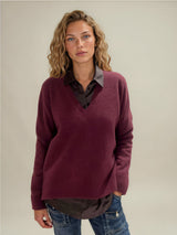 Pull Leon Luxe col V en cachemire et soie, coloris bordeaux, THEN PARIS